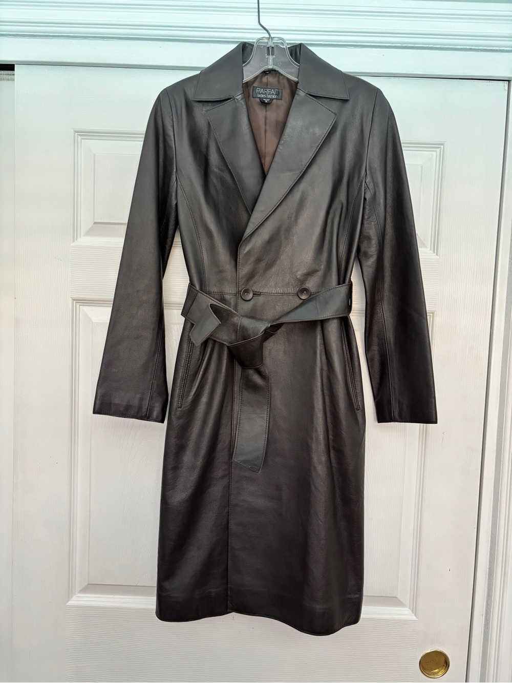 Parfait 100% Italian Leather Double Breasted Chocolate Brown Trench Coat Sz XS